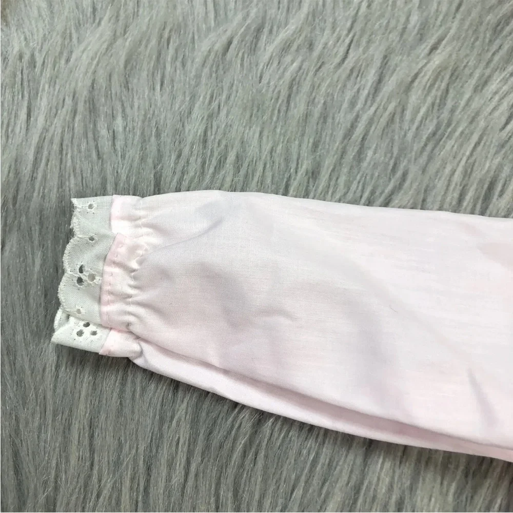 Vintage Baby Girls White Pink Eyelet Bow Ruffle Long Sleeve Dress